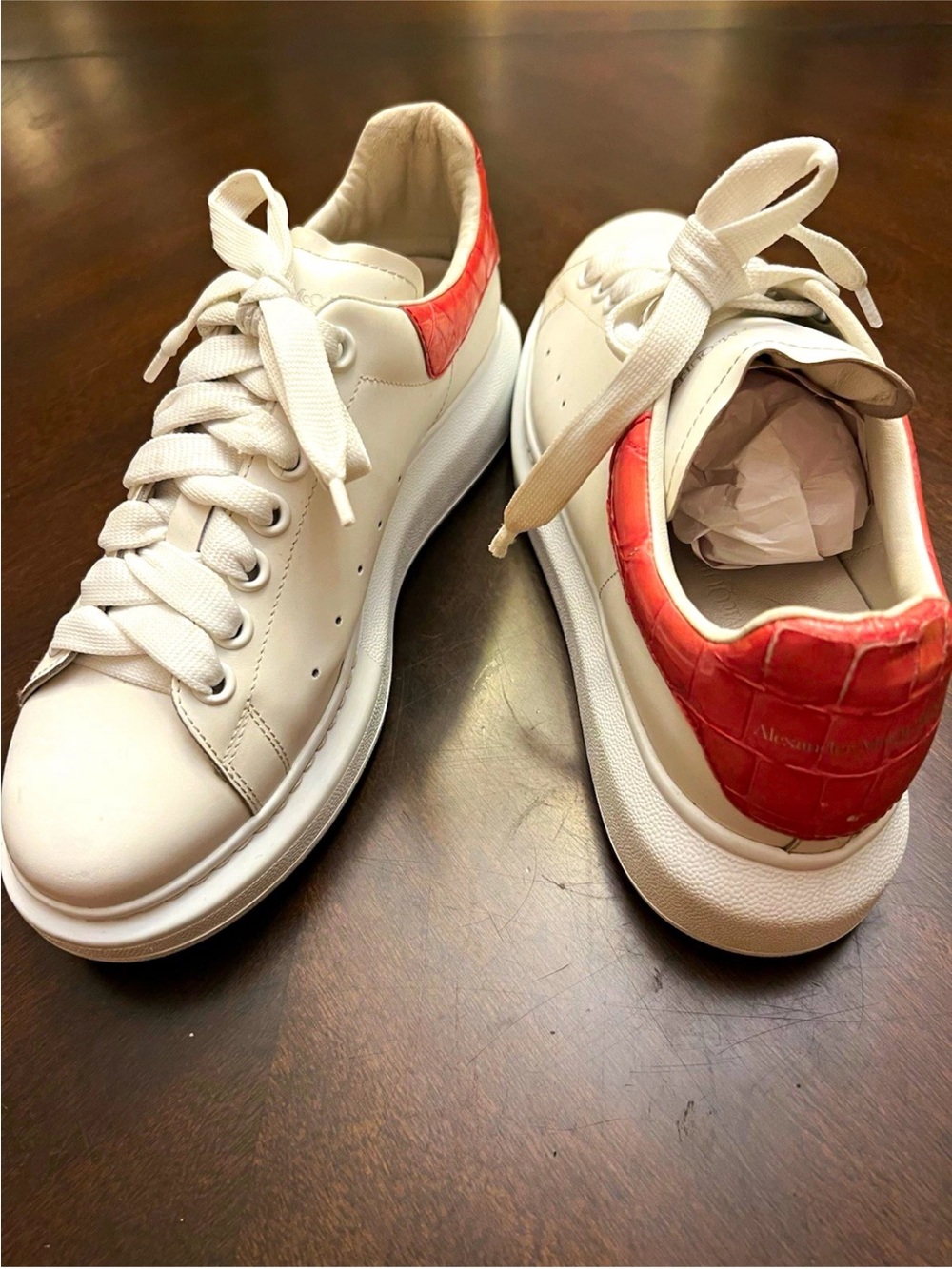 Alexander McQueen White Leather Sneakers with Red Croc-Embossed Heel